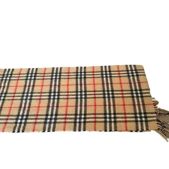 Burberry 100% Cashmere Classic Plaid Fringe Scarf Tan Black Red great condition - Picture 11 of 13